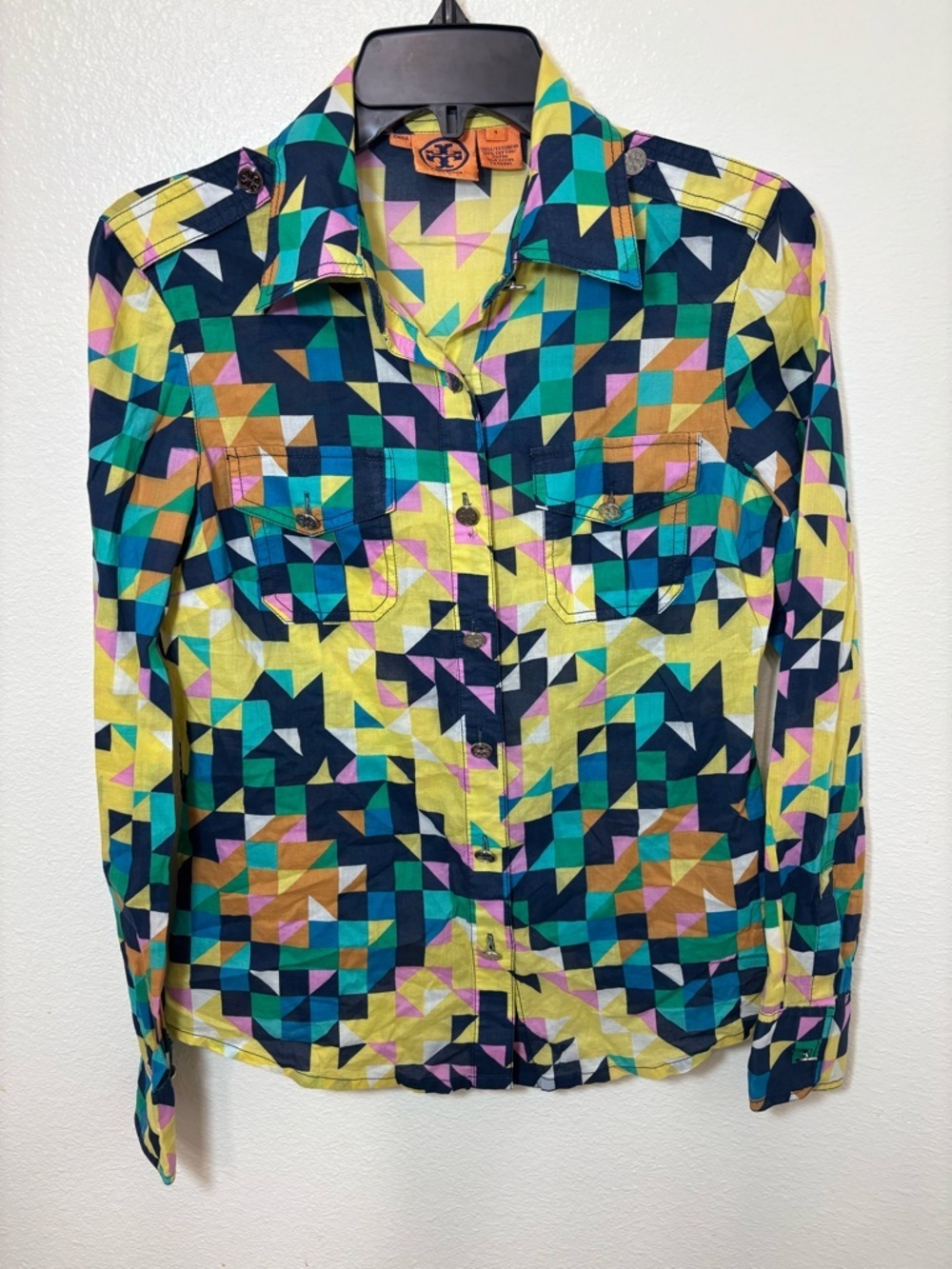 Tory Burch bold vintage Cotton Geometric Print button down dress Shirt